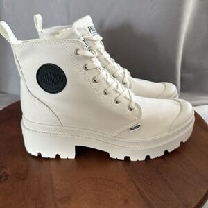 PALLADIUM  Pallabase Twill Star White Platform Side-Zip Boots Women's Size 10